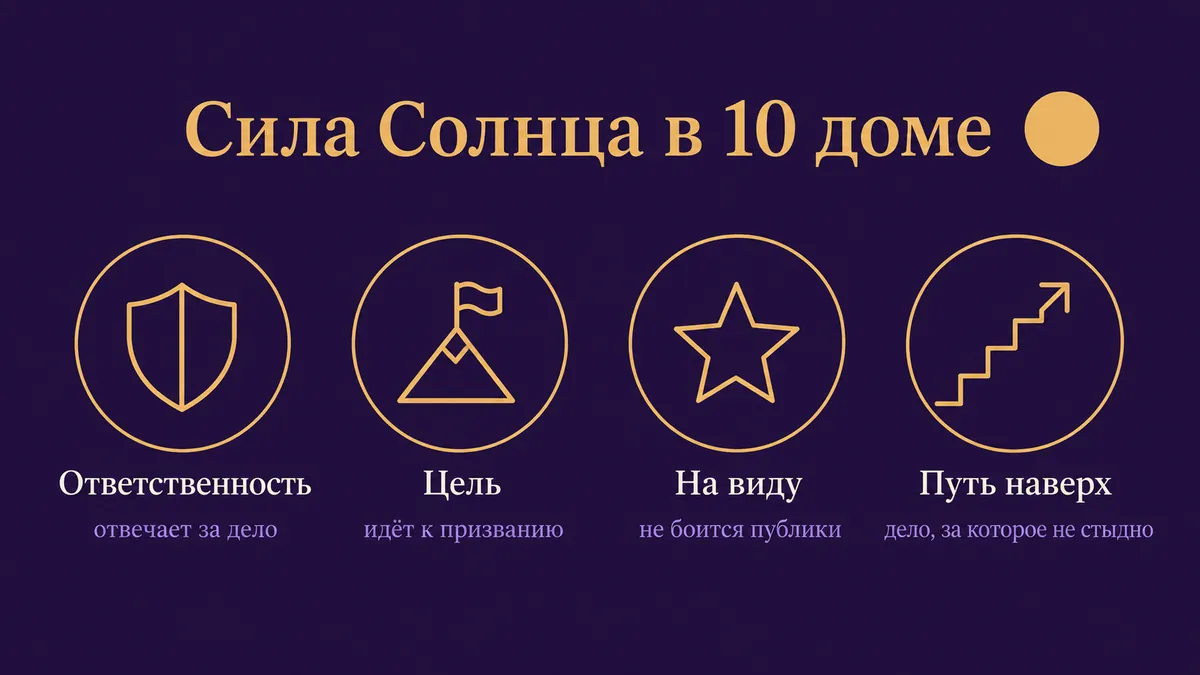 Инфографика о том, в чём сила Солнца в 10 доме: ответственность, цель, на виду и путь наверх
