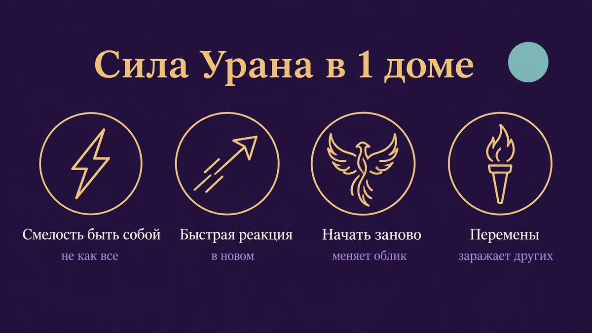 Инфографика о том, в чём сила Урана в 1 доме: смелость быть собой, быстрая реакция, начать заново и перемены