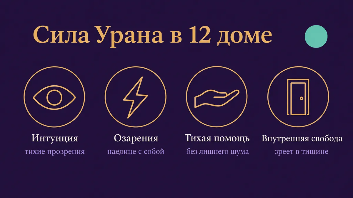 Инфографика о том, в чём сила Урана в 12 доме: интуиция, озарения, тихая помощь и внутренняя свобода