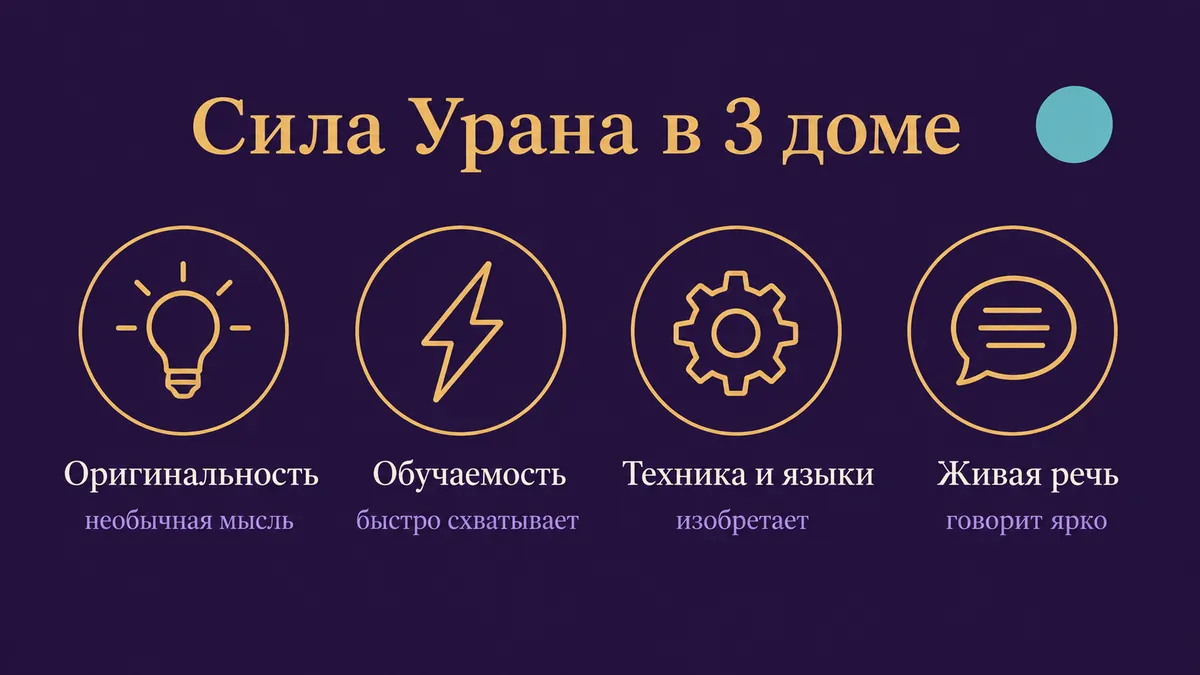 Инфографика о том, в чём сила Урана в 3 доме: оригинальность, обучаемость, техника и языки и живая речь
