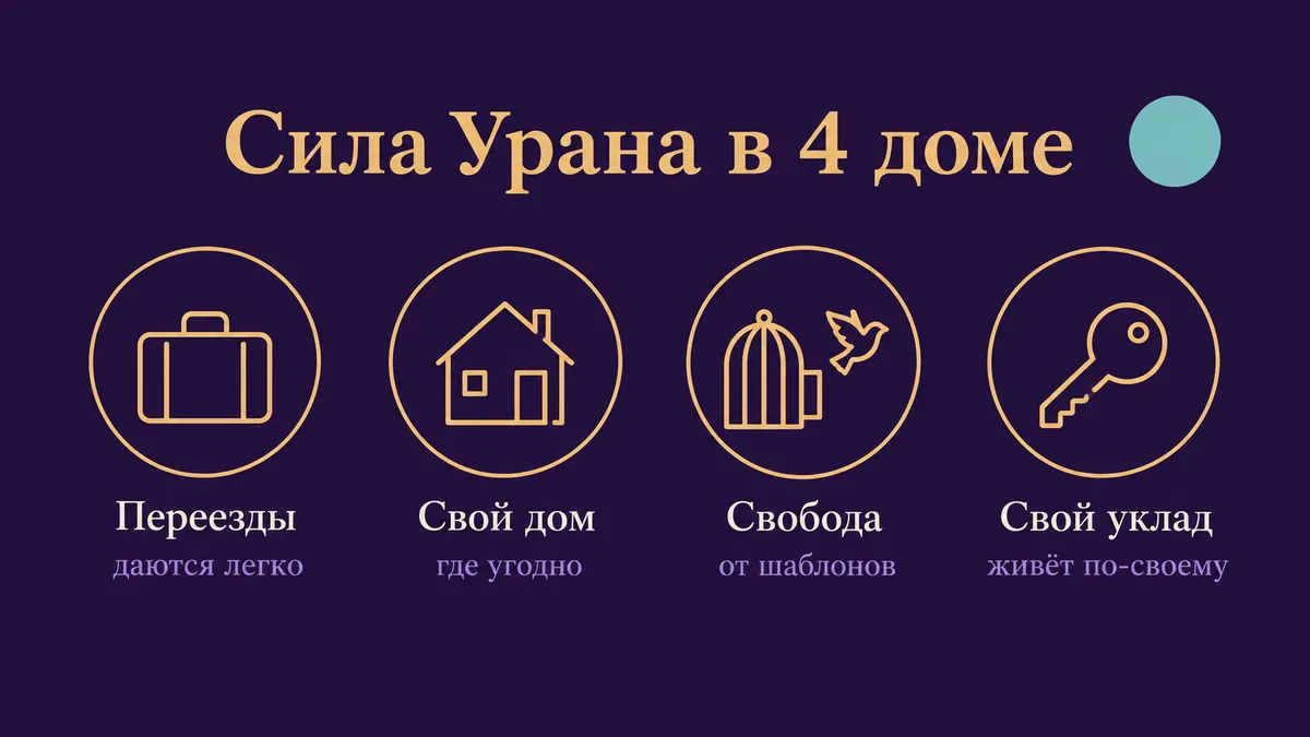Инфографика о том, в чём сила Урана в 4 доме: переезды, свой дом, свобода и свой уклад