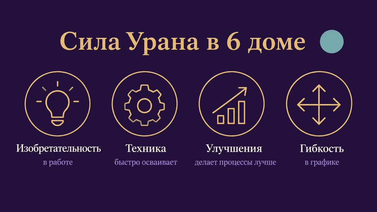 Инфографика о том, в чём сила Урана в 6 доме: изобретательность, техника, улучшения и гибкость