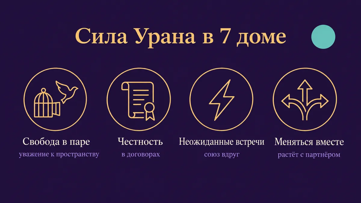 Инфографика о том, в чём сила Урана в 7 доме: свобода в паре, честность, неожиданные встречи и меняться вместе