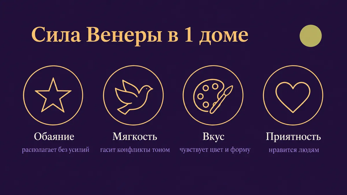 Инфографика о том, в чём сила Венеры в 1 доме: обаяние, мягкость, вкус и приятность