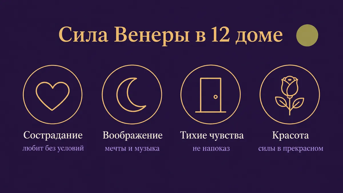 Инфографика о том, в чём сила Венеры в 12 доме: сострадание, воображение, тихие чувства и красота