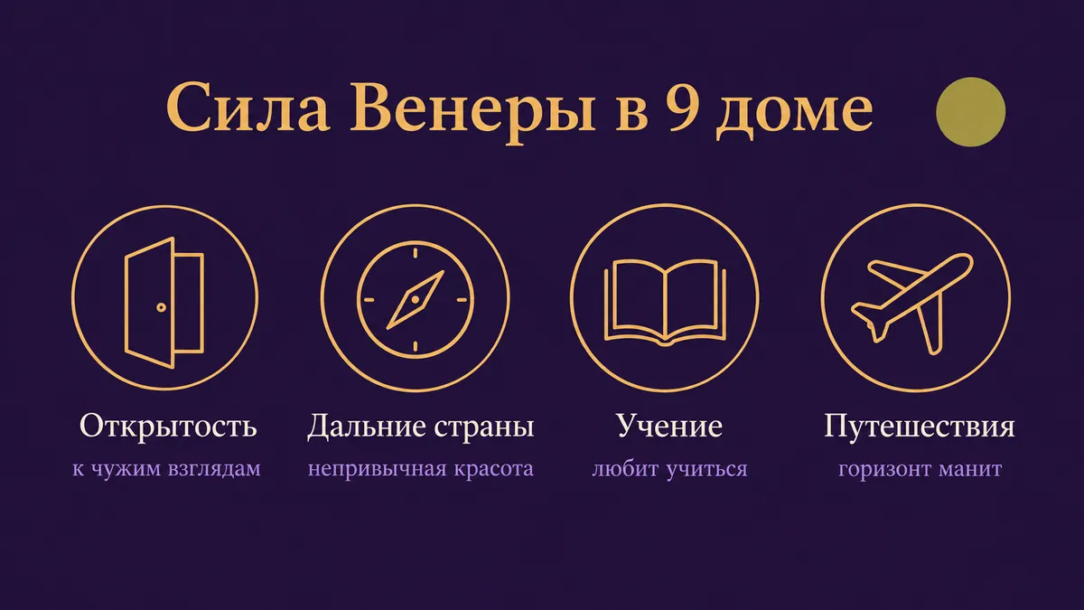 Инфографика о том, в чём сила Венеры в 9 доме: открытость, дальние страны, учение и путешествия