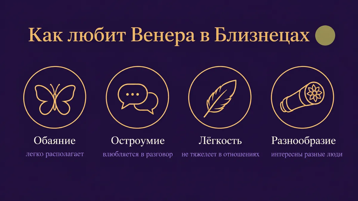 Инфографика о том, как любит Венера в Близнецах: обаяние, остроумие, лёгкость и разнообразие