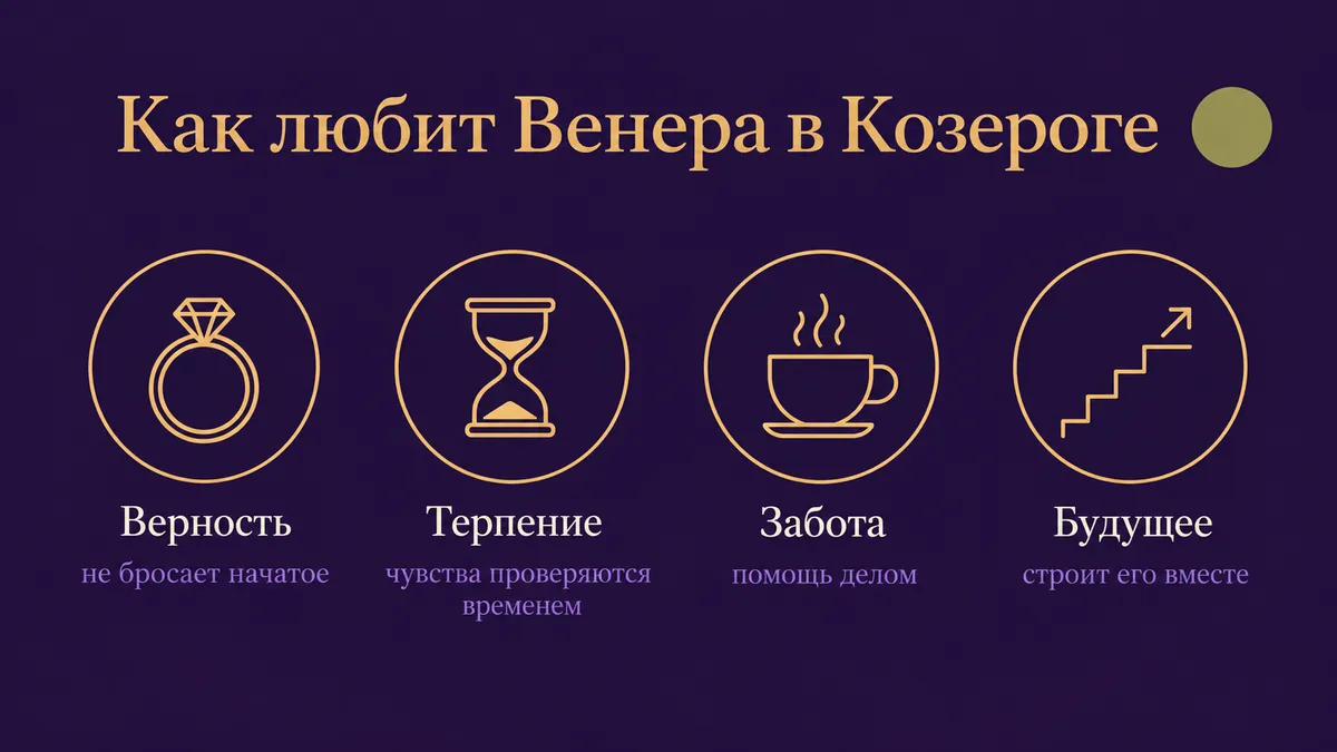 Инфографика о том, как любит Венера в Козероге: верность, терпение, забота и будущее