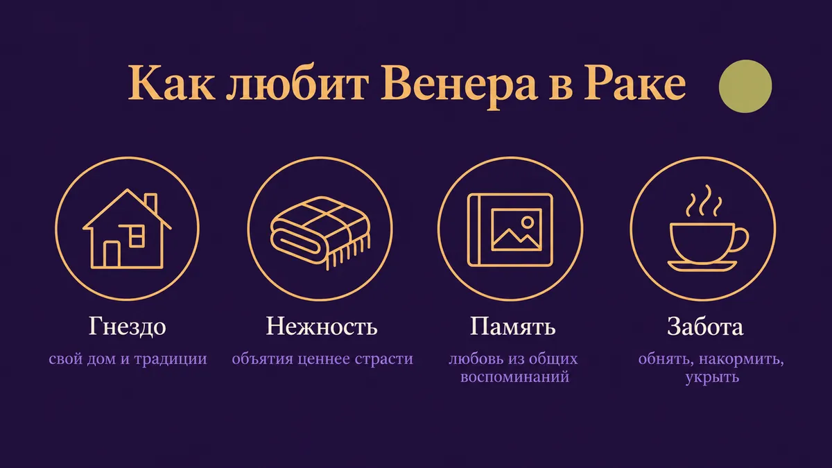 Инфографика о том, как любит Венера в Раке: гнездо, нежность, память и забота