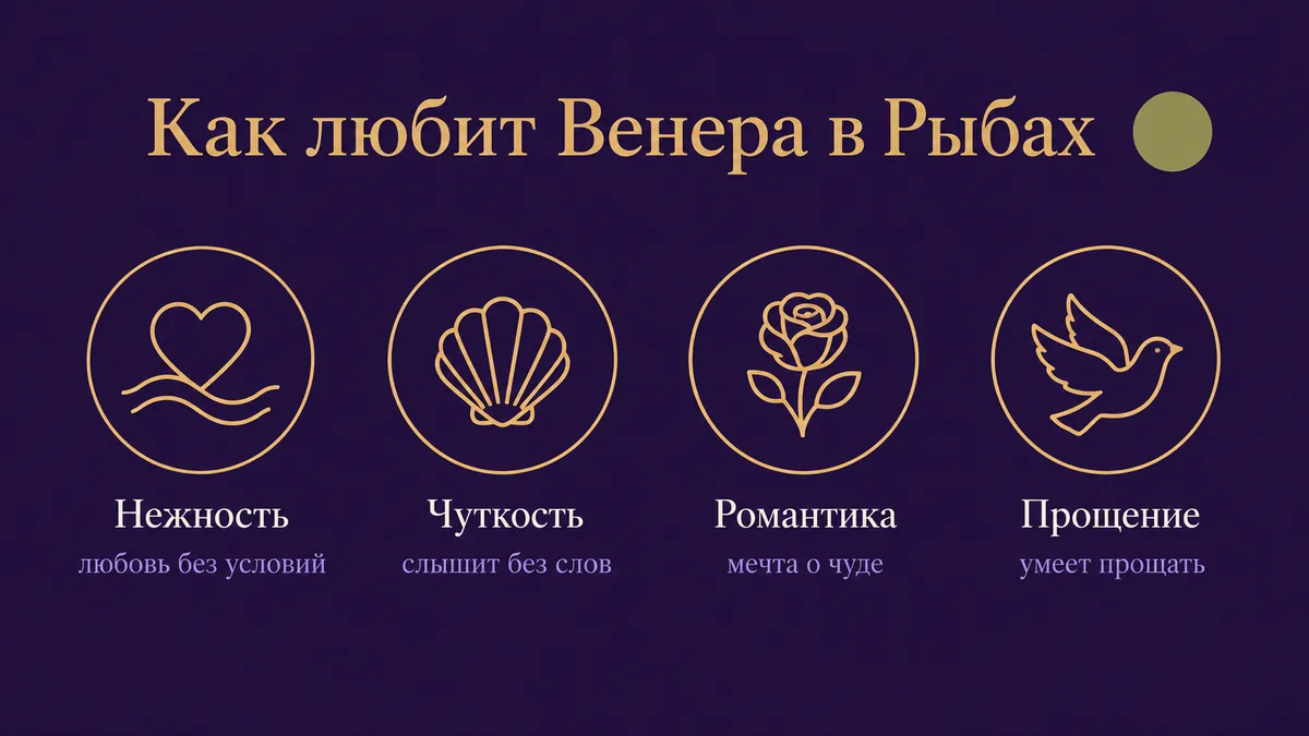 Инфографика о том, как любит Венера в Рыбах: нежность, чуткость, романтика и прощение