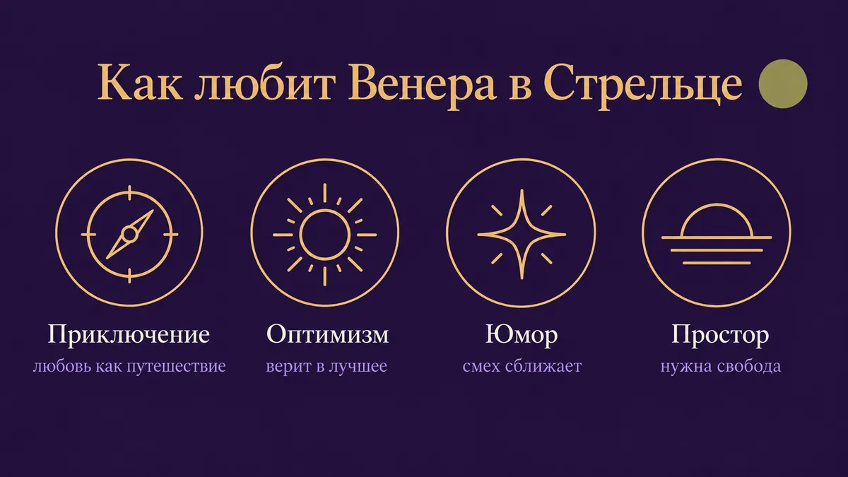 Инфографика о том, как любит Венера в Стрельце: приключение, оптимизм, юмор и простор