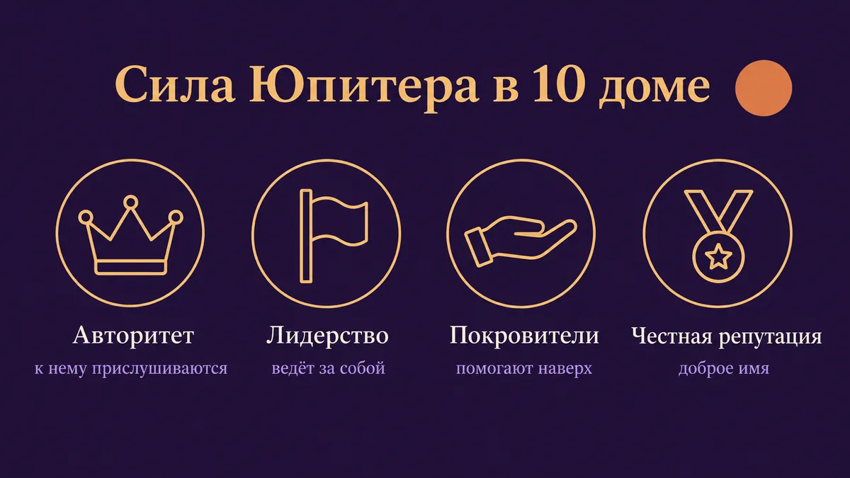 Инфографика о том, в чём сила Юпитера в 10 доме: авторитет, лидерство, покровители и честная репутация