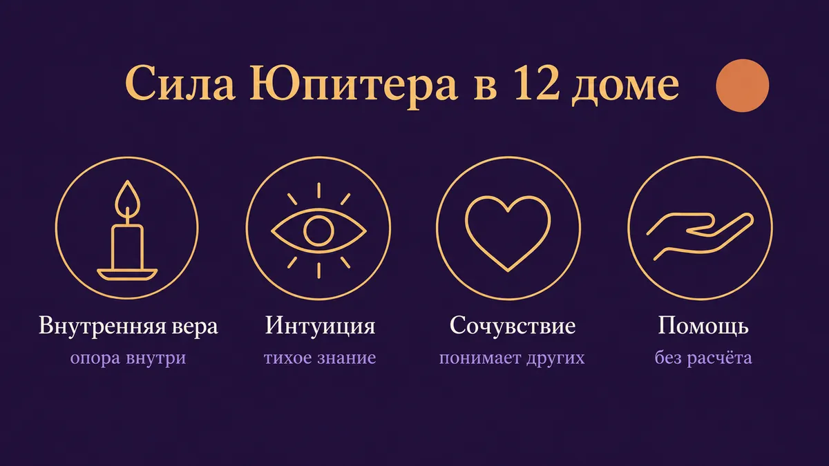 Инфографика о том, в чём сила Юпитера в 12 доме: внутренняя вера, интуиция, сочувствие и помощь