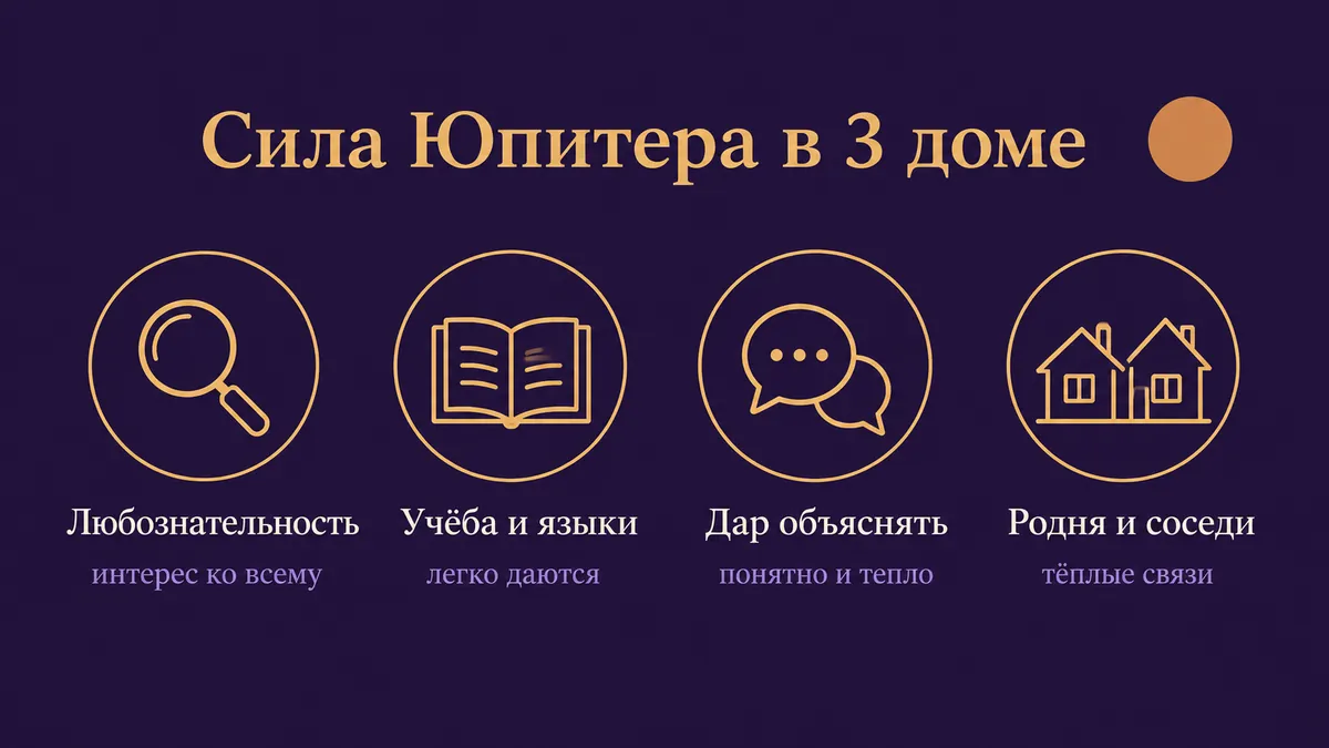 Инфографика о том, в чём сила Юпитера в 3 доме: любознательность, учёба и языки, дар объяснять и родня и соседи