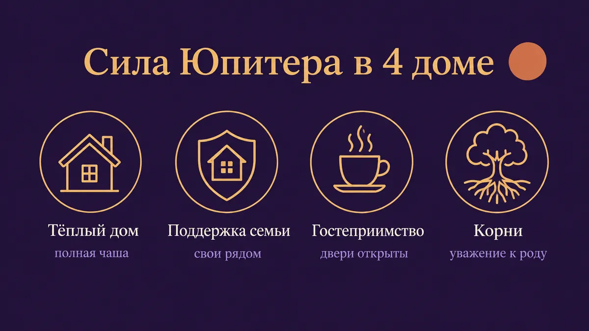 Инфографика о том, в чём сила Юпитера в 4 доме: тёплый дом, поддержка семьи, гостеприимство и корни