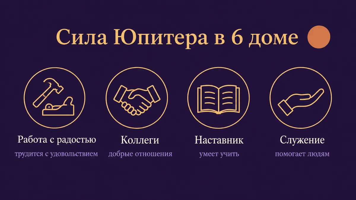 Инфографика о том, в чём сила Юпитера в 6 доме: работа с радостью, коллеги, наставник и служение