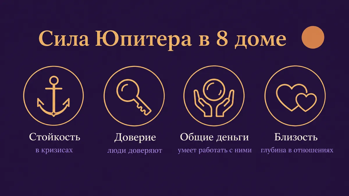 Инфографика о том, в чём сила Юпитера в 8 доме: стойкость, доверие, общие деньги и близость