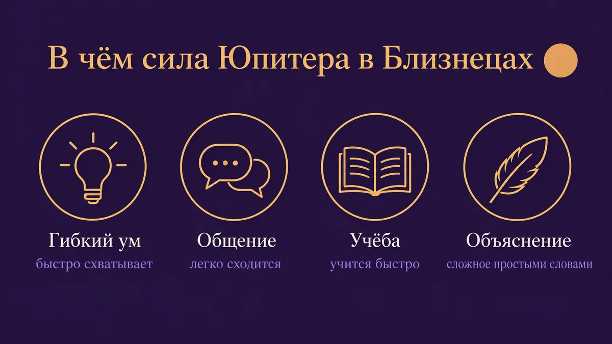 Инфографика о том, в чём сила Юпитера в Близнецах: гибкий ум, общение, учёба и объяснение