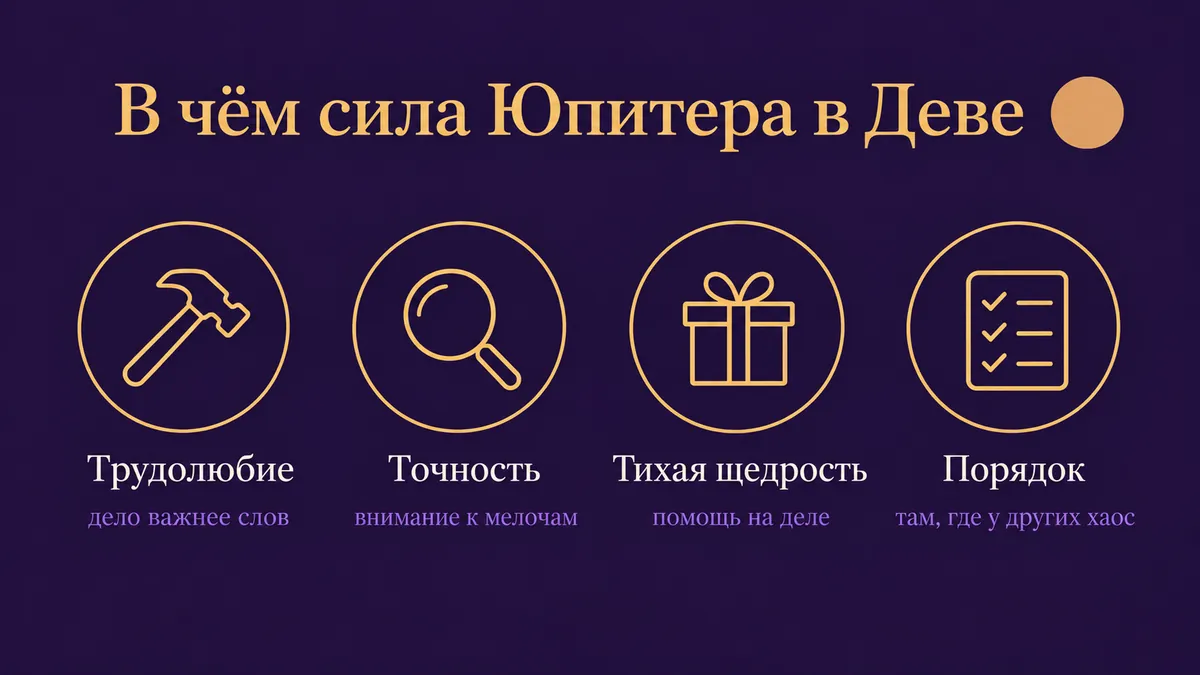 Инфографика о том, в чём сила Юпитера в Деве: трудолюбие, точность, тихая щедрость и порядок
