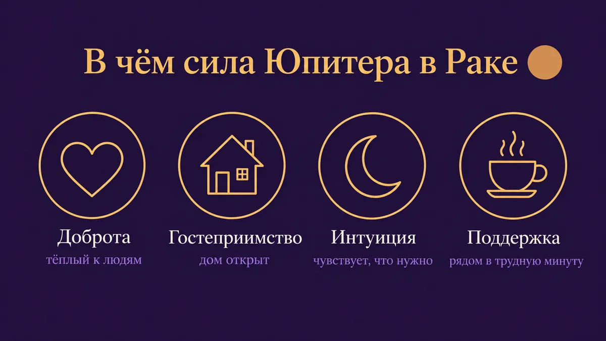 Инфографика о том, в чём сила Юпитера в Раке: доброта, гостеприимство, интуиция и поддержка