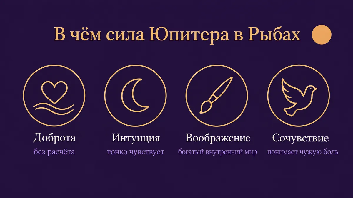 Инфографика о том, в чём сила Юпитера в Рыбах: доброта, интуиция, воображение и сочувствие