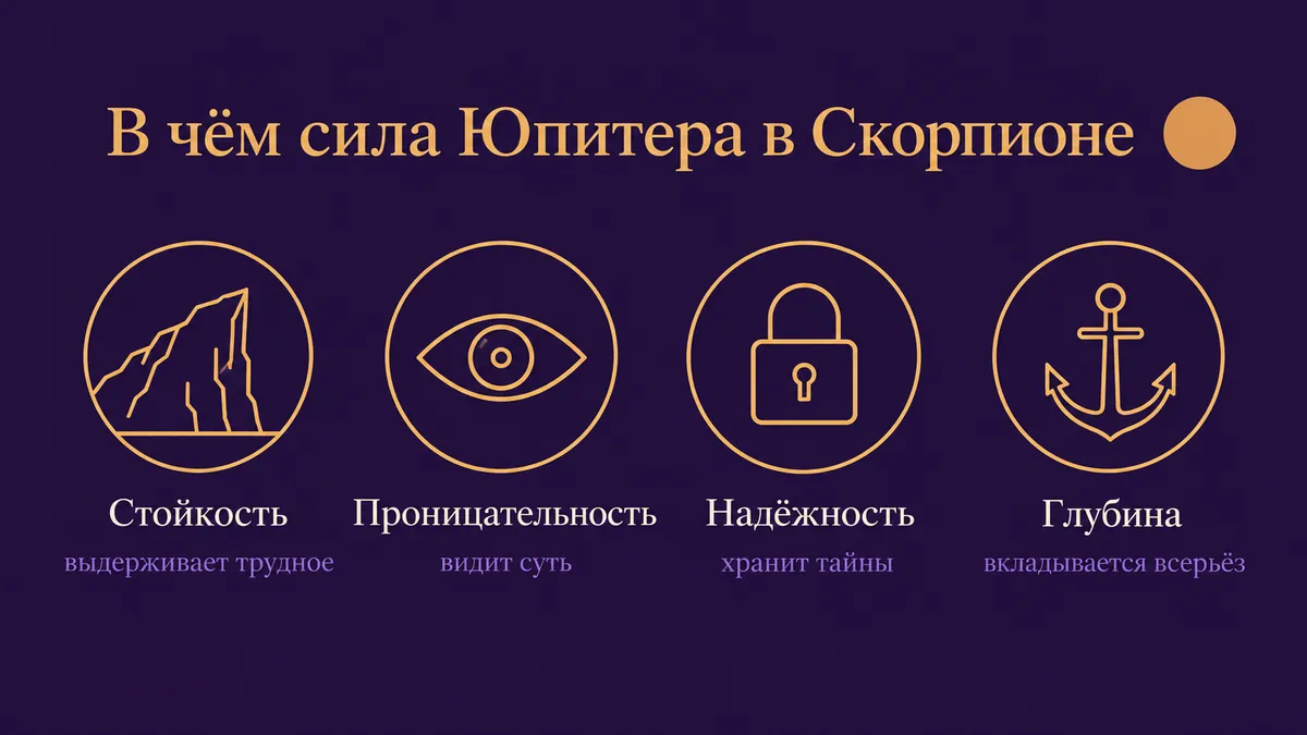 Инфографика о том, в чём сила Юпитера в Скорпионе: стойкость, проницательность, надёжность и глубина