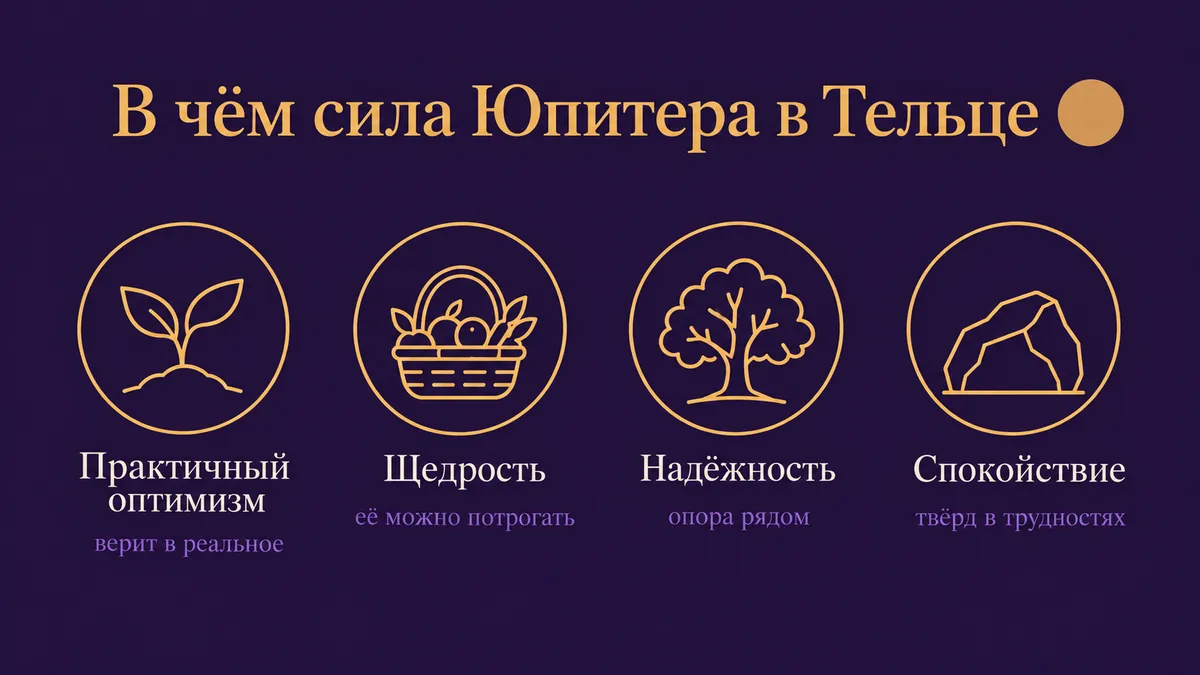 Инфографика о том, в чём сила Юпитера в Тельце: практичный оптимизм, щедрость, надёжность и спокойствие