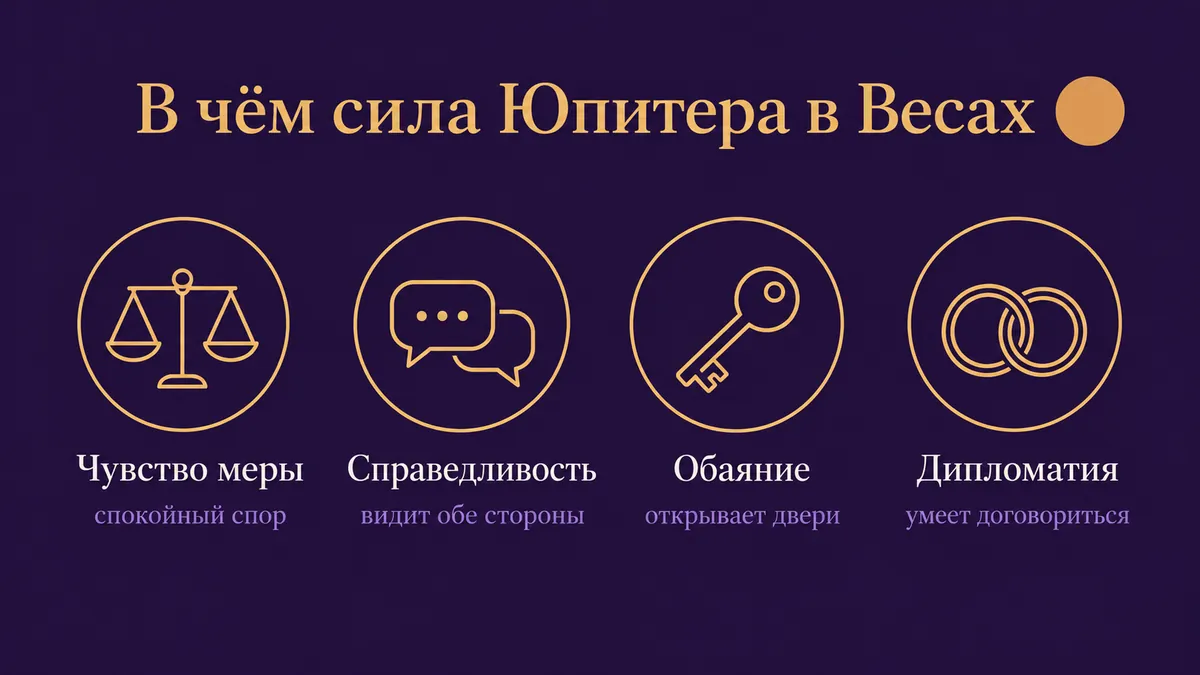 Инфографика о том, в чём сила Юпитера в Весах: чувство меры, справедливость, обаяние и дипломатия