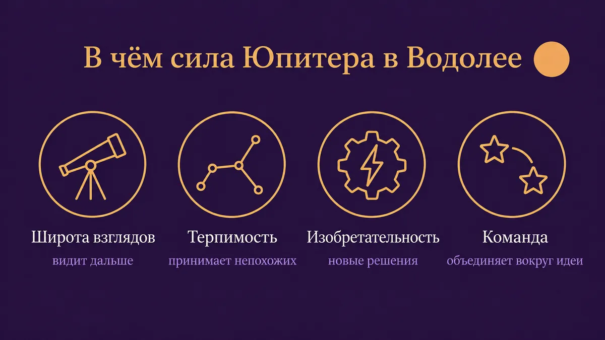 Инфографика о том, в чём сила Юпитера в Водолее: широта взглядов, терпимость, изобретательность и команда