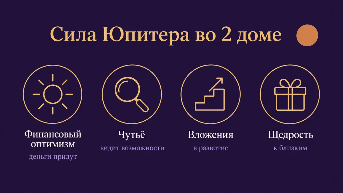 Инфографика о том, в чём сила Юпитера во 2 доме: финансовый оптимизм, чутьё, вложения и щедрость