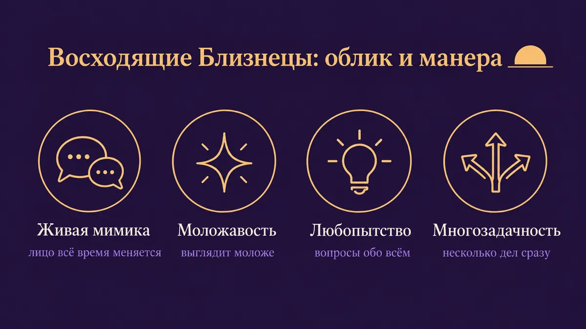 Инфографика о том, как выглядят и держатся восходящие Близнецы: живая мимика, моложавость, любопытство и многозадачность