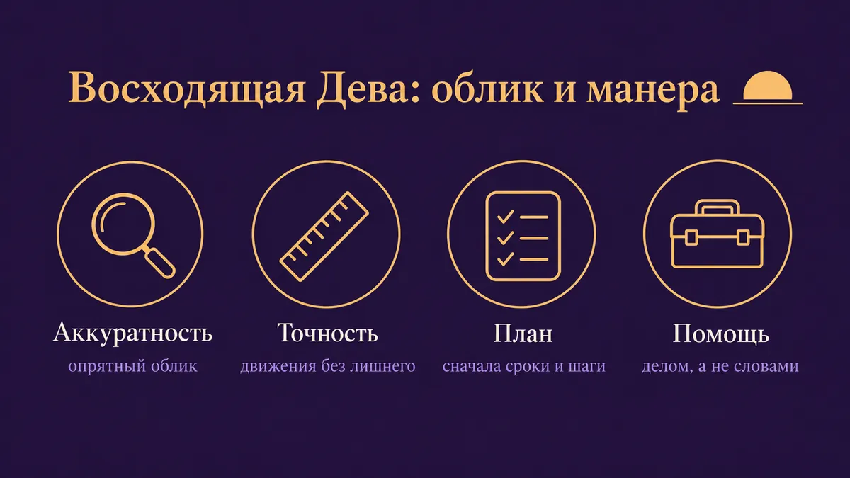 Инфографика о том, как выглядит и держится восходящая Дева: аккуратность, точность, план и помощь