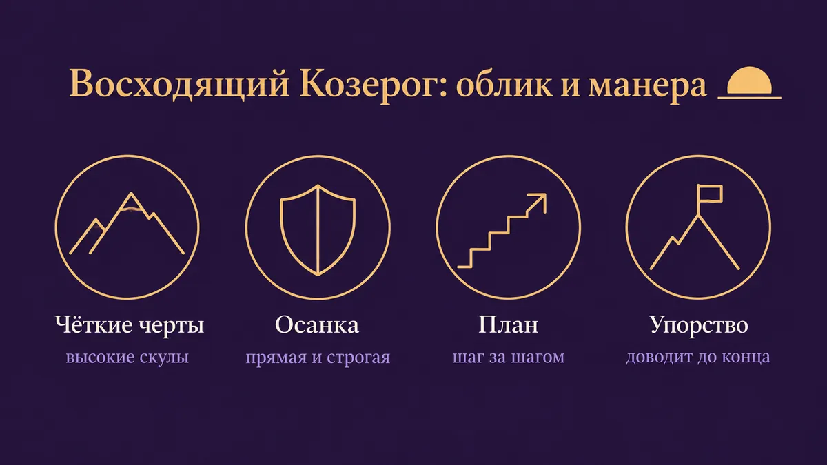 Инфографика о том, как выглядит и держится восходящий Козерог: чёткие черты, осанка, план и упорство
