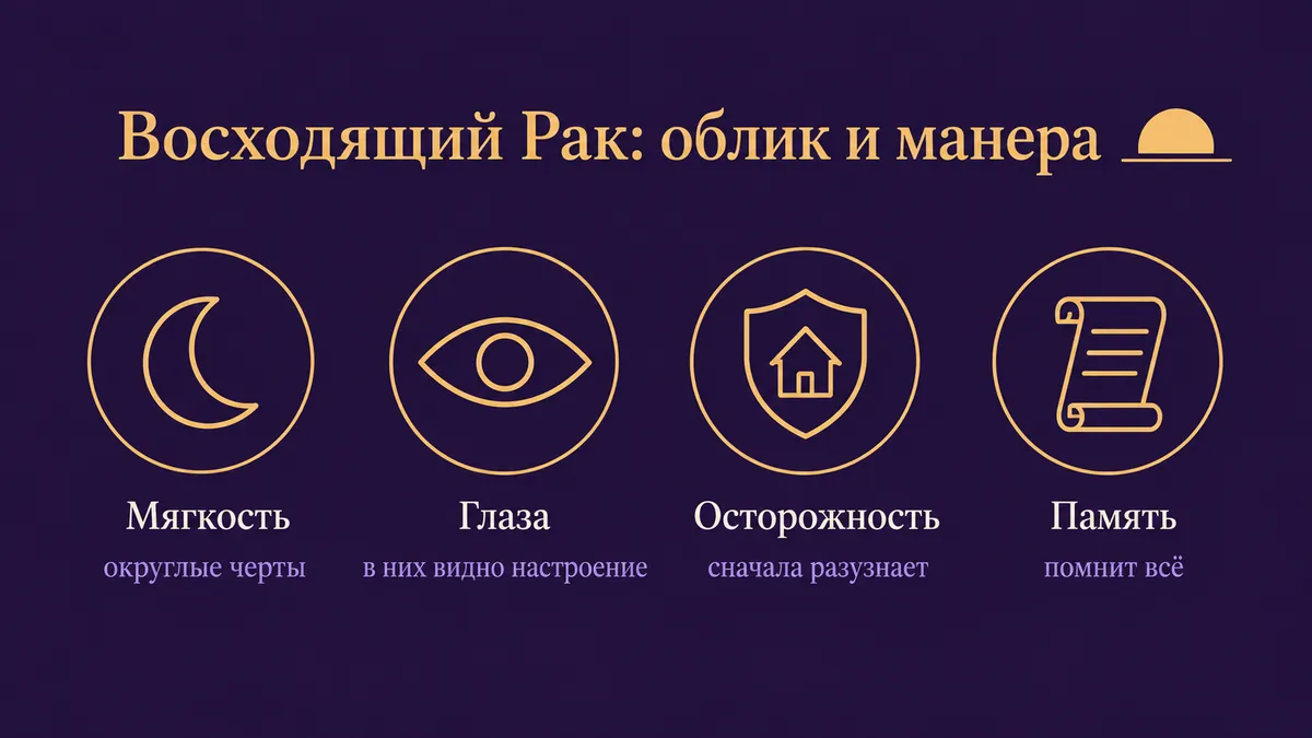 Инфографика о том, как выглядит и держится восходящий Рак: мягкость, глаза, осторожность и память