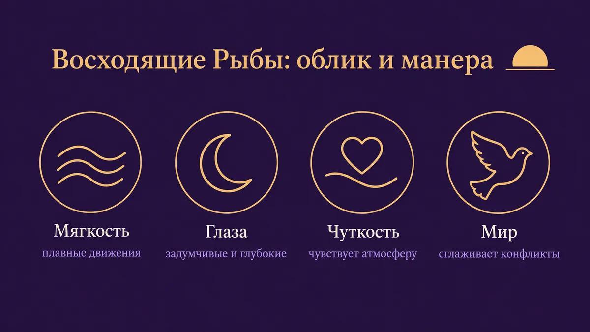 Инфографика о том, как выглядят и держатся восходящие Рыбы: мягкость, глаза, чуткость и мир