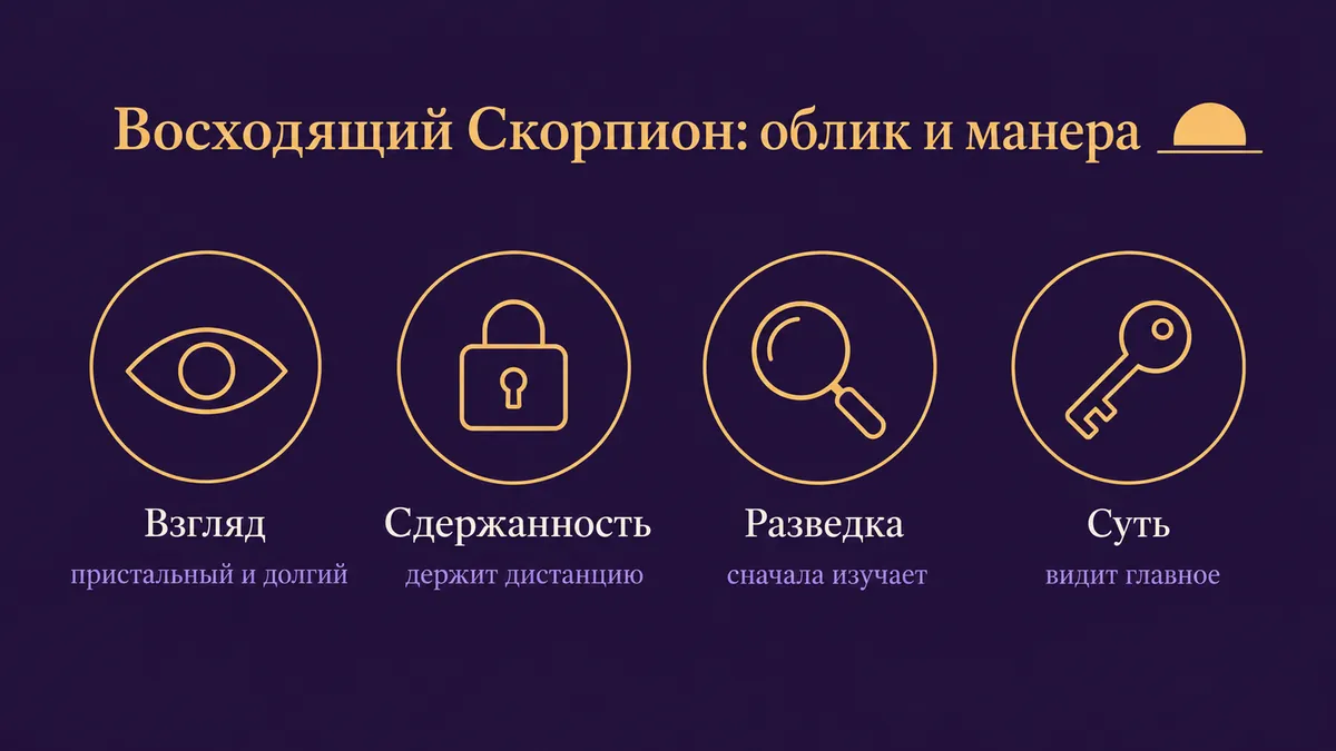 Инфографика о том, как выглядит и держится восходящий Скорпион: взгляд, сдержанность, разведка и суть