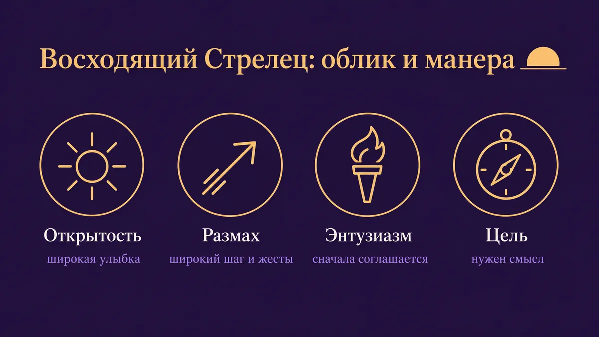 Инфографика о том, как выглядит и держится восходящий Стрелец: открытость, размах, энтузиазм и цель