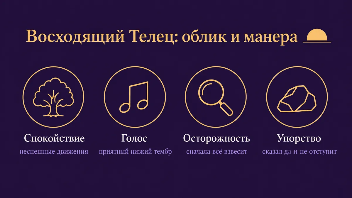 Инфографика о том, как выглядит и держится восходящий Телец: спокойствие, голос, осторожность и упорство