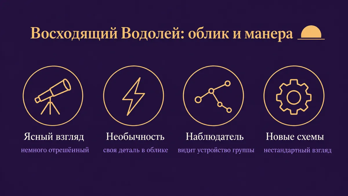 Инфографика о том, как выглядит и держится восходящий Водолей: ясный взгляд, необычность, наблюдатель и новые схемы