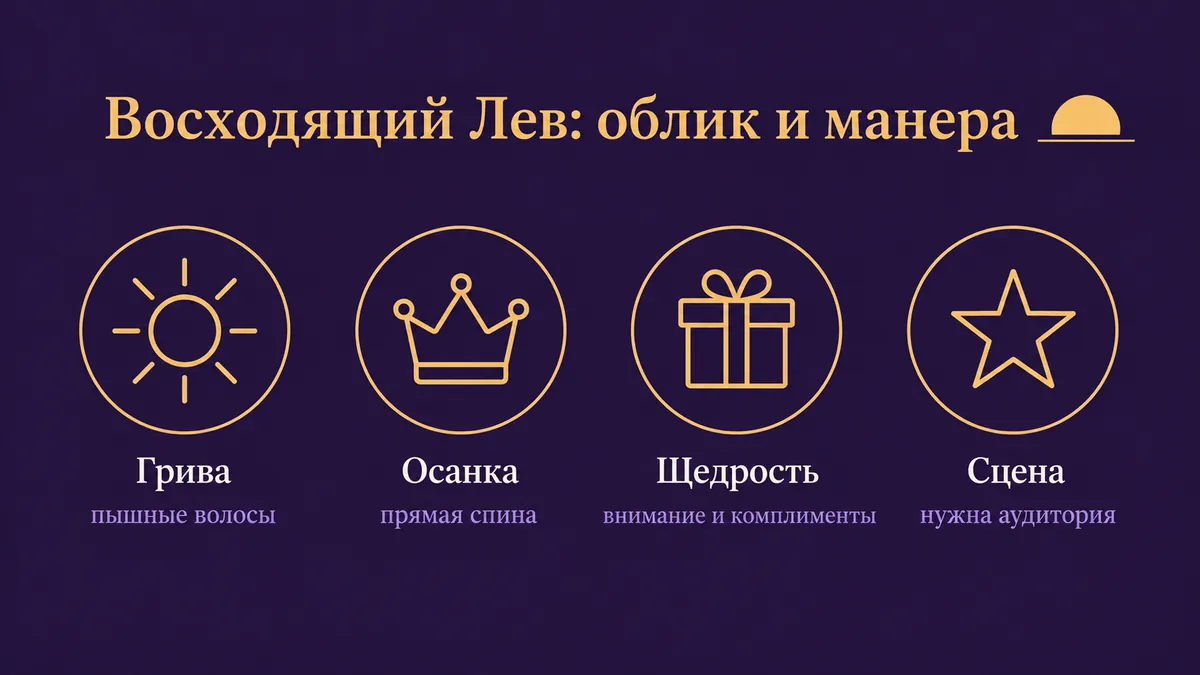 Инфографика о том, как выглядит и держится восходящий Лев: грива, осанка, щедрость и сцена