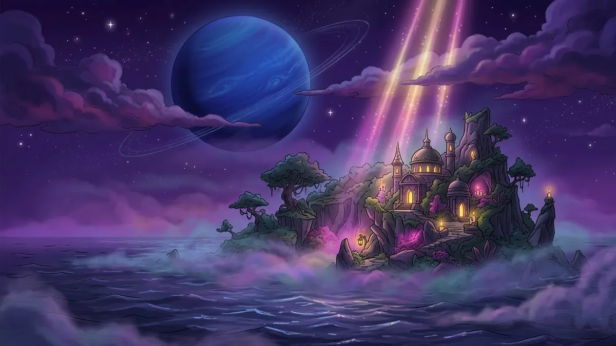 Тёмно-синяя планета Нептун над туманным морем и светящийся трезубец над туманным островом со спрятанным храмом