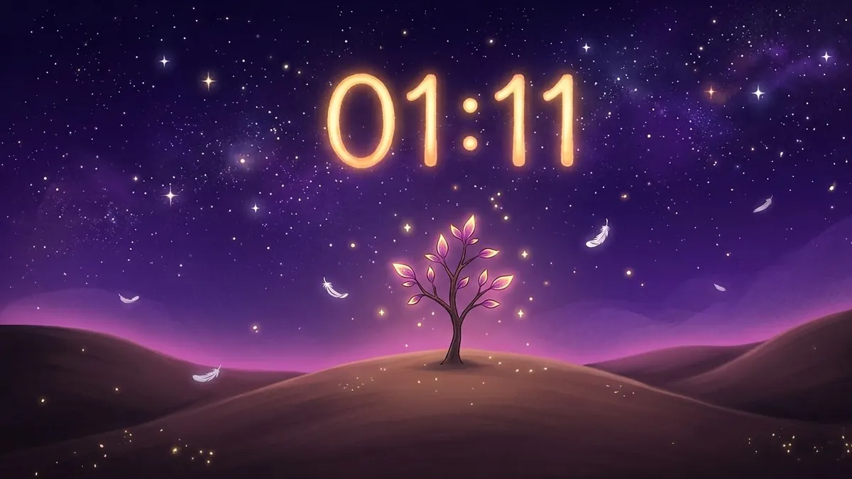 Светящиеся золотые цифры 01:11 в ночном небе, внизу молодое деревце со светящимися листьями на пустом холме