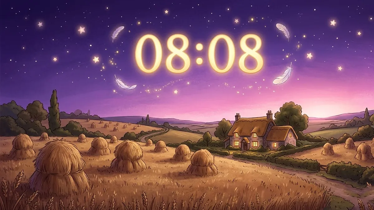 Светящиеся золотые цифры 08:08 в ночном небе, внизу пшеничное поле со стогами на рассвете