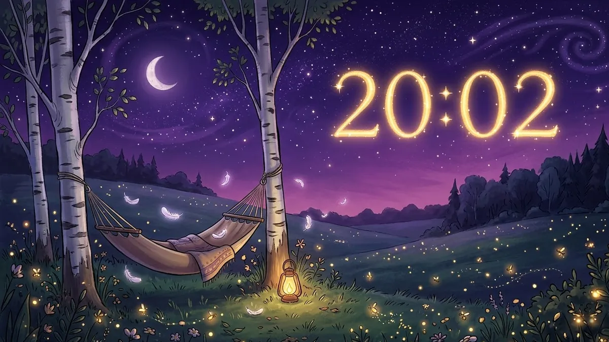 Светящиеся золотые цифры 20:02 в ночном небе, внизу гамак между двумя берёзами на вечернем лугу