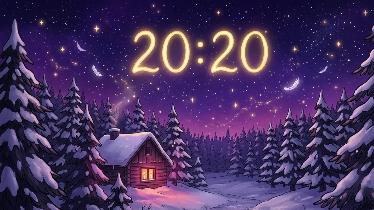 Светящиеся золотые цифры 20:20 в ночном небе, внизу заснеженный хвойный лес и домик с тёплым окном