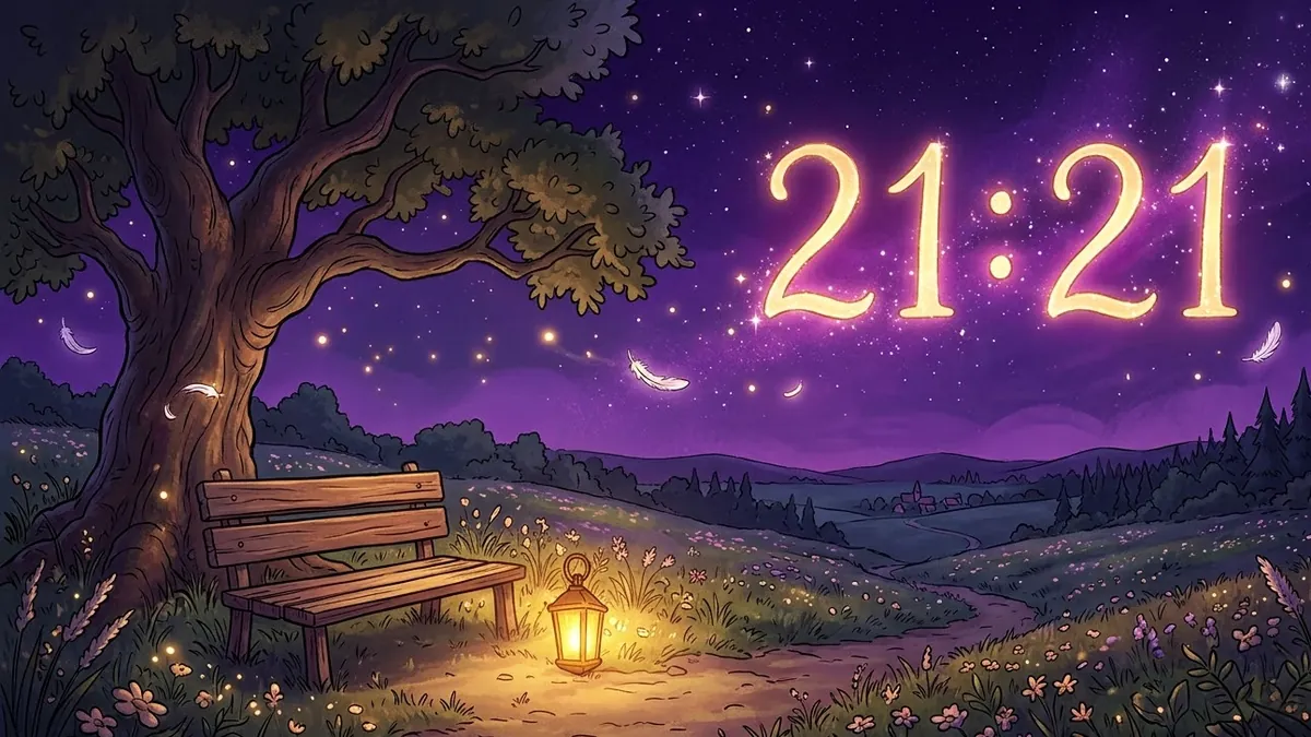 Светящиеся золотые цифры 21:21 в ночном небе, внизу скамейка с фонарём под старым дубом на цветущем лугу