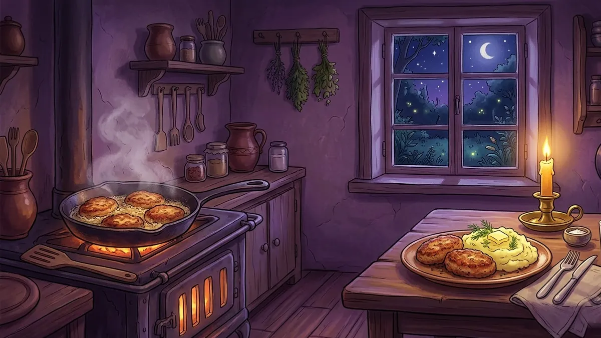 Жареные котлеты с картофелем и укропом при свече